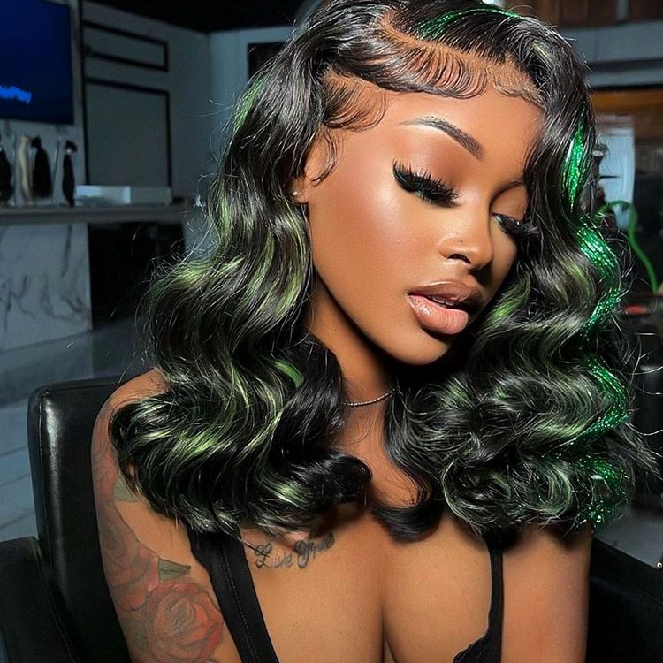 WIGGINS Black Wig With Green Highlights Loose Body Green Highlight Wigs Human Hair